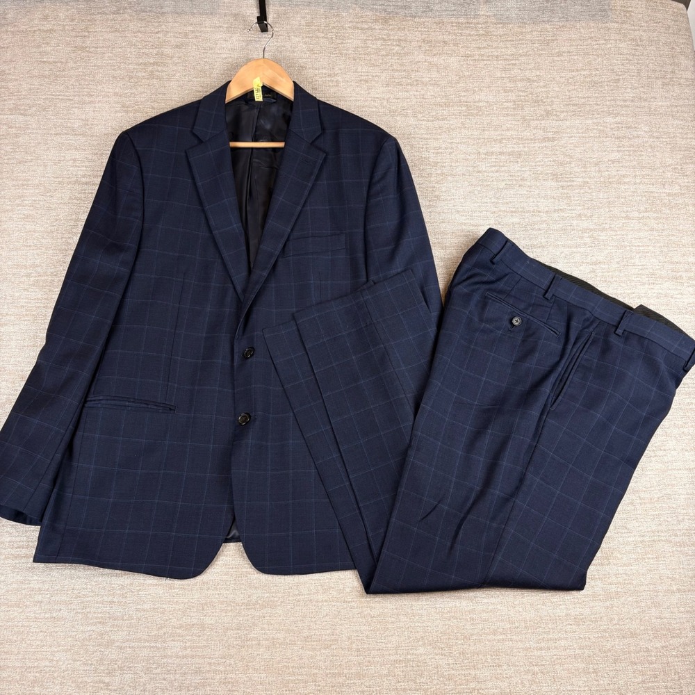 Lauren Ralph Lauren Navy Windowpane Plaid Wool Suit 42R Mens Blue Professional
